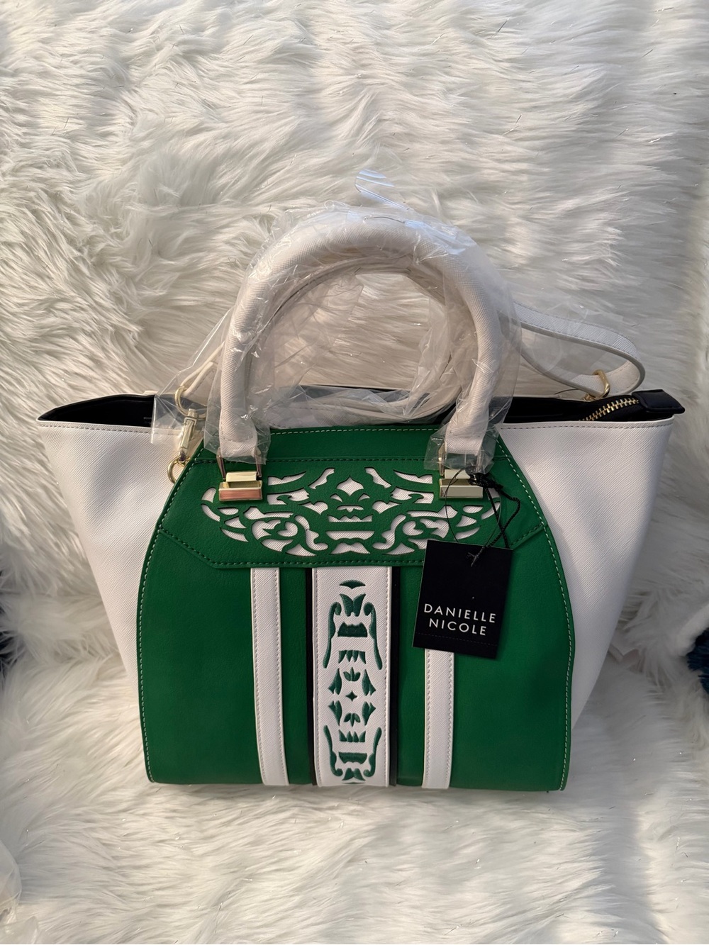 Danielle Nicole Green & White Cutout Top-Handle Satchel with Gold Hardware
